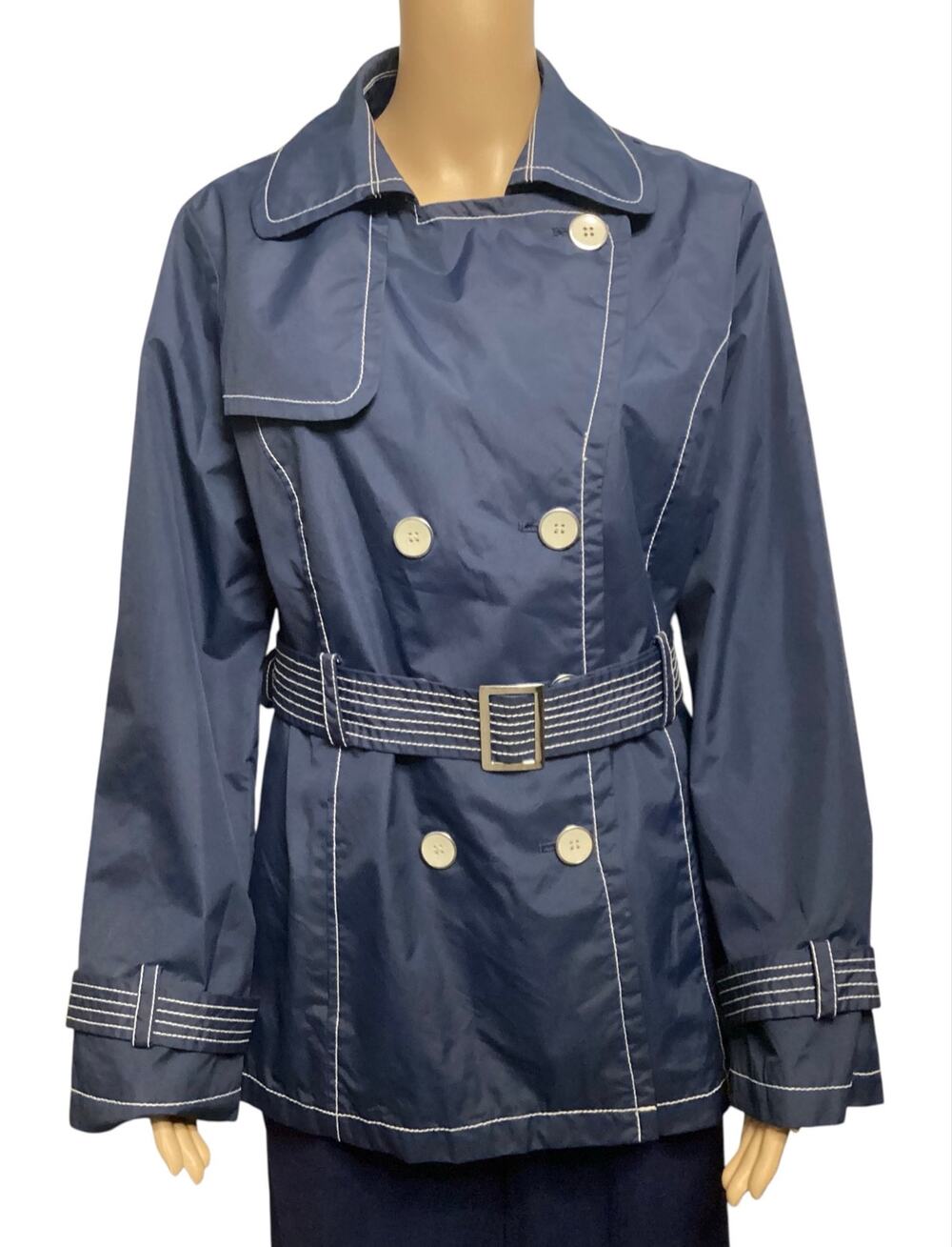Dressbarn Women's Navy Blue Lightweight Belted Trench Double Breasted Jacket M